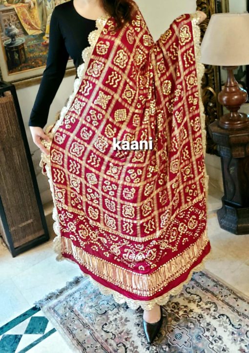 A118 Gaji Silk Chunri (bandhani) GHARCHOLA (handloom) Maroon with heavy Kamdani - Image 3