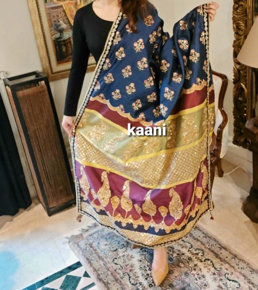 A112 Hand Embellished Katan Silk Shawl Maroon / Blue / Gold - Image 2