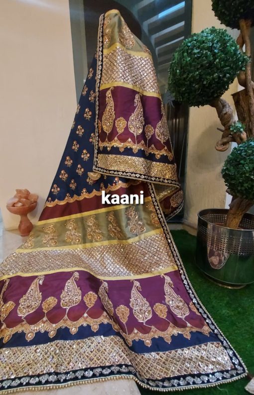 A112 Hand Embellished Katan Silk Shawl Maroon / Blue / Gold