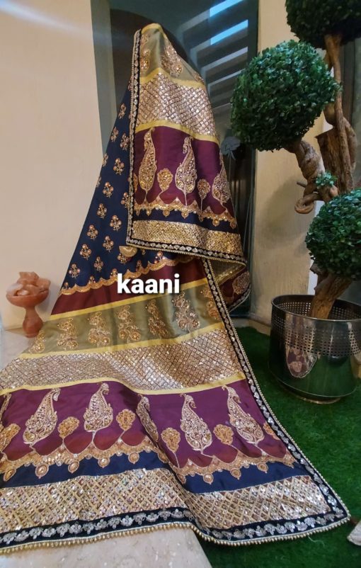 A112 Hand Embellished Katan Silk Shawl Maroon / Blue / Gold - Image 4