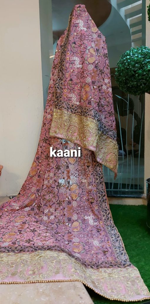 Figure Art ( birds and deer ) Embroidered Georgette Shawl / Pink
