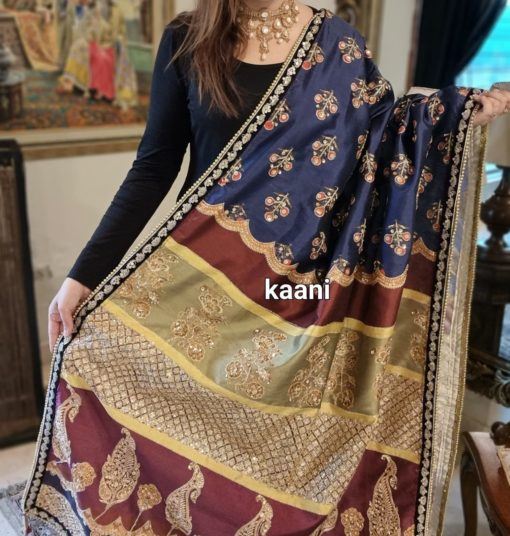 A112 Hand Embellished Katan Silk Shawl Maroon / Blue / Gold - Image 3