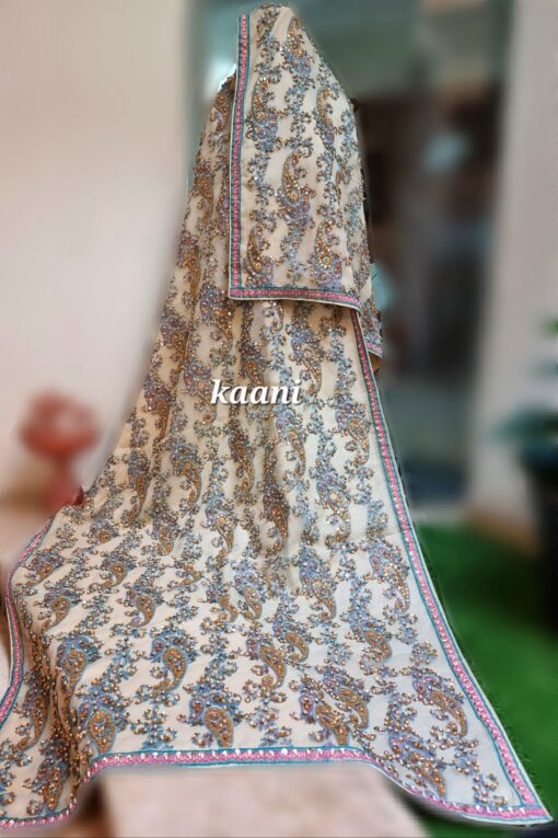 Formal Silk Hand Embellished / Embroidered Shawl (White Gold)