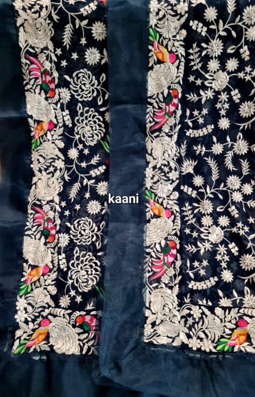 Formal Heavy Embroidered Figure Art Chiffon Shawl (birds blue) - Image 3