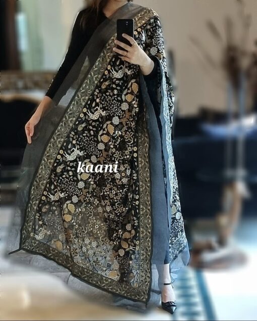 Formal Heavy Embroidered Figure Art Chiffon Shawl (deers Black) - Image 2