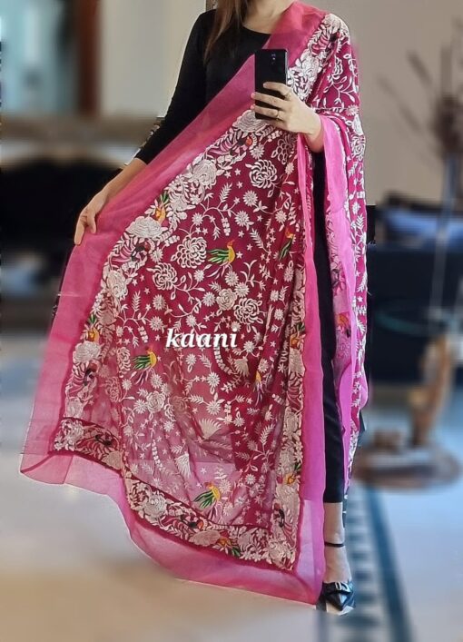 Formal Heavy Embroidered Figure Art Chiffon Shawl (birds Pink) - Image 2