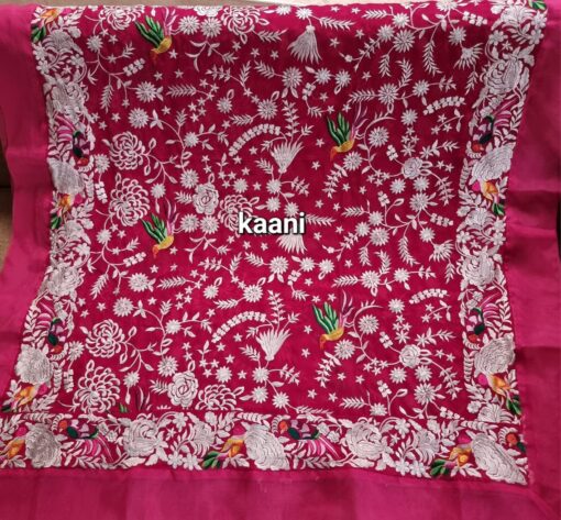 Formal Heavy Embroidered Figure Art Chiffon Shawl (birds Pink)