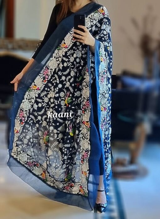 Formal Heavy Embroidered Figure Art Chiffon Shawl (birds blue) - Image 2