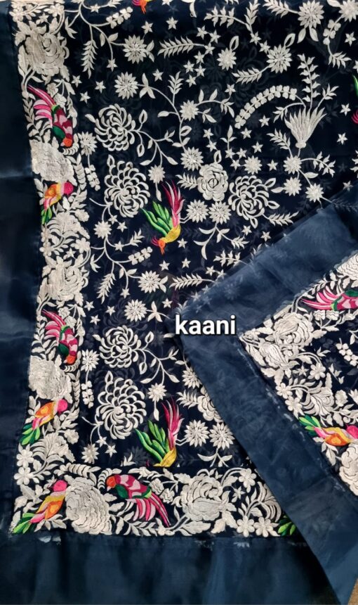 Formal Heavy Embroidered Figure Art Chiffon Shawl (birds blue)