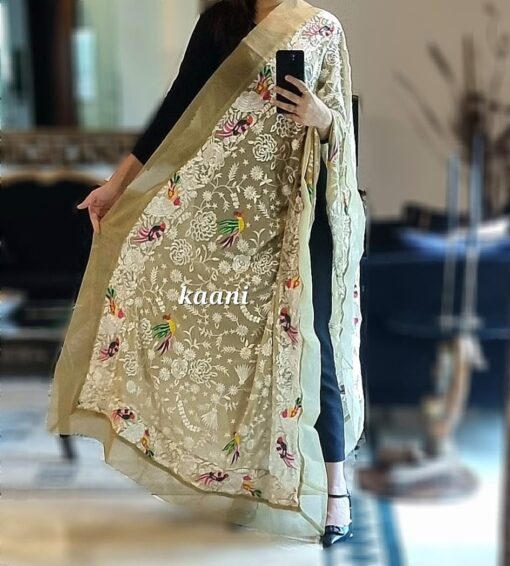 Formal Heavy Embroidered Figure Art Chiffon Shawl (birds Beige) - Image 2