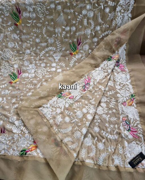 Formal Heavy Embroidered Figure Art Chiffon Shawl (birds Beige) - Image 5
