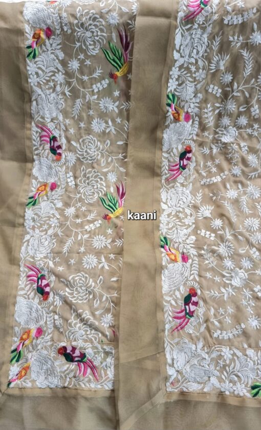 Formal Heavy Embroidered Figure Art Chiffon Shawl (birds Beige) - Image 4
