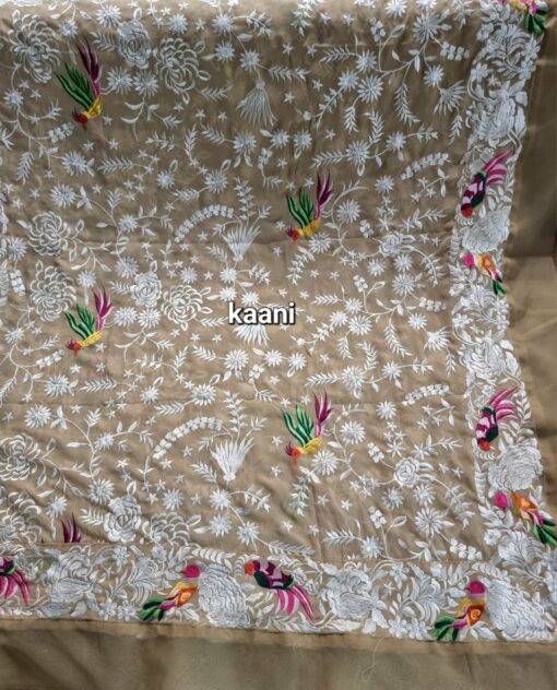 Formal Heavy Embroidered Figure Art Chiffon Shawl (birds Beige)