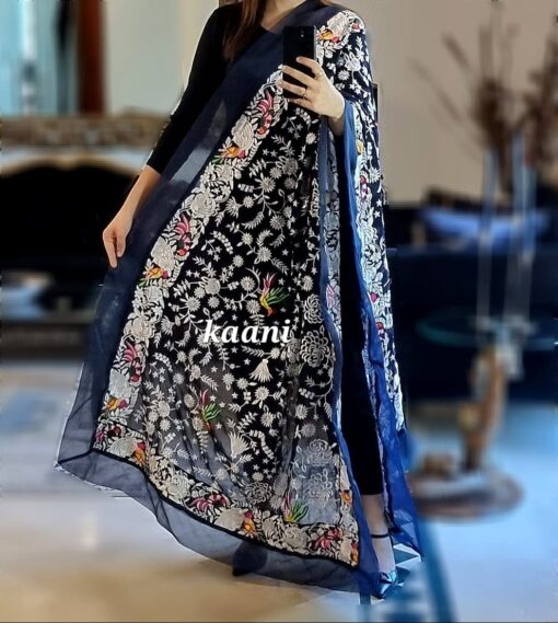 Formal Heavy Embroidered Figure Art Chiffon Shawl (birds Black) - Image 4
