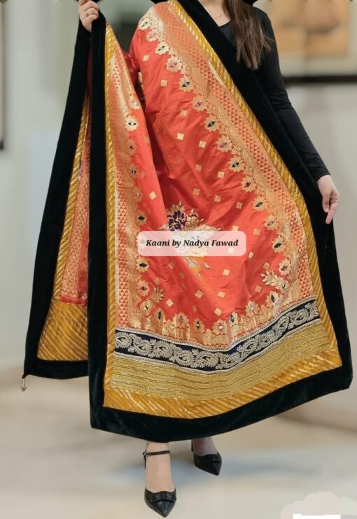 B114 Banarsi Jamawar with Mirror and Gota work Orange ( Shehnai series) - Image 2