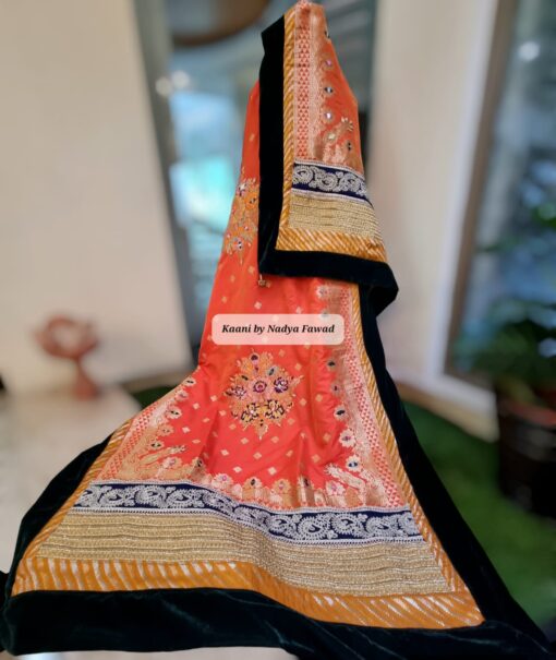 B114 Banarsi Jamawar with Mirror and Gota work Orange ( Shehnai series)